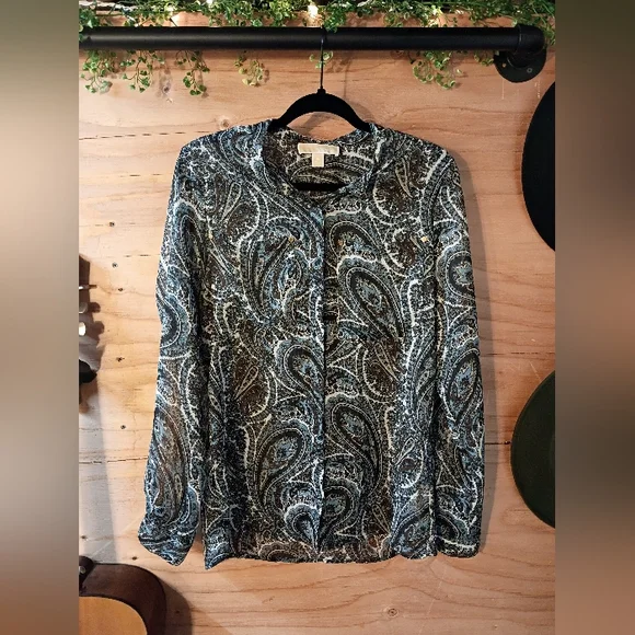 MICHAEL Michael Kors Paisley Button-Front Blouse - Blue/Earth Tones - Size M - Picture 9 of 10